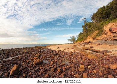 Moreton Bay Marine Park Australian Brisbane Beach With A Lot Of Unique Rocks