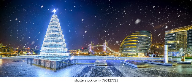 Morgan's Lane Panorama With Christmas Tree And Falling Snow,London,UK