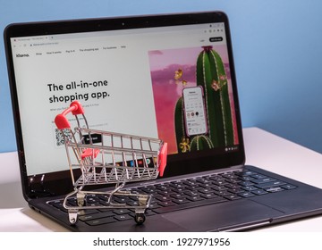 Morgantown, WV - 2 March 2021: Shopping cart on laptop to illustrate buying using the Klarna app for Buy Now, Pay Later credit
