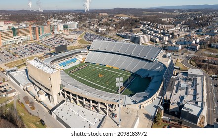 Morgantown, WV - 20 December 2021: Aerial view of Milan Puskar WVU Mountaineers football stadium in West Virginia