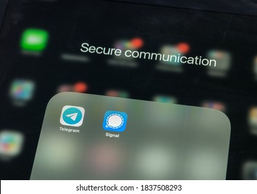 Morgantown, WV - 20 October 2020: Close Up Of Smartphone Screen With Focus On Telegram And Signal Apps. These Are Encrypted And Secure From End To End