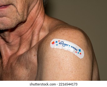 Morgantown, WV - 20 October 2022: Senior Man With Kroger Covering Over Flu Or Covid Shot In Shoulder