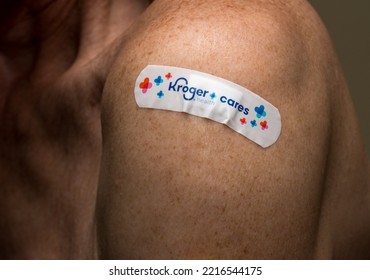 Morgantown, WV - 20 October 2022: Senior Man With Kroger Covering Over Flu Or Covid Shot In Shoulder