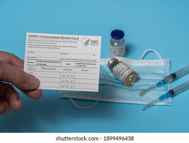 Morgantown, WV - 21 January 2021: Covid-19 Vaccination Record Card Showing First Dose Of Pfizer Vaccine