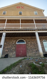 MORGANTOWN, WV - 24 AUGUST 2018: Discarded Beer Cans At Theta Chi Fraternity At West Virginia University In Morgantown WV