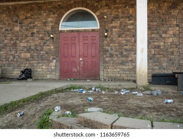 MORGANTOWN, WV - 24 AUGUST 2018: Discarded Beer Cans At Theta Chi Fraternity At West Virginia University In Morgantown WV