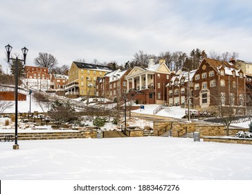 Morgantown, WV - 26 December 2020: Row Of Greek Life Houses On High Street At West Virginia University In The Snow