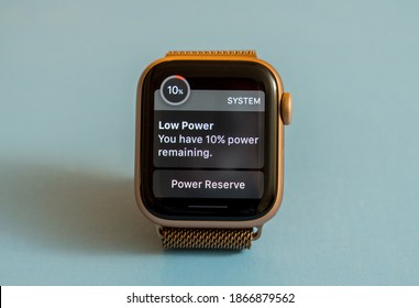 Morgantown, WV - 3 December 2020: Apple watch series six showing system alert about low power warning due to short battery life