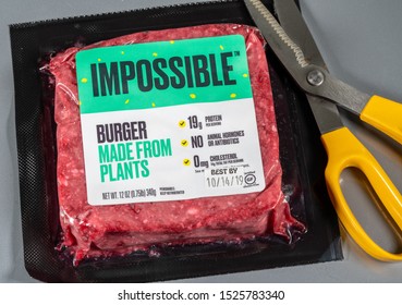 MORGANTOWN, WV - 8 October 2019: Packaging For Impossible Foods Burger Made From Plants On Steel Background