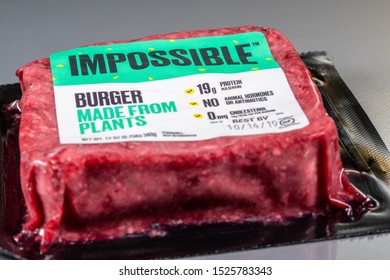 MORGANTOWN, WV - 8 October 2019: Packaging For Impossible Foods Burger Made From Plants On Steel Background