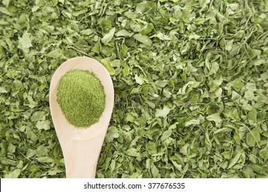 Moringa Powder On Wooden Spoon