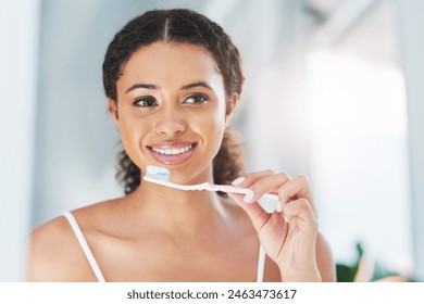 Morning, bathroom and woman with toothbrush in home for dental hygiene, wellness or oral care with product. Cleaning, brush and girl with toothpaste for fresh breath, teeth whitening and pride - Powered by Shutterstock