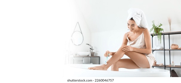 Morning of beautiful young woman shaving legs in bathroom. Banner for design - Powered by Shutterstock