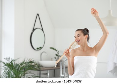 Morning Of Beautiful Young Woman Singing In Bathroom