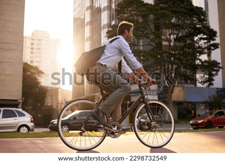 Morning, bicycle and business man in city for moving, commute and carbon neutral transportation. Travel, sustainability and cycling with male employee in urban town for journey, energy and transit Imagine de stoc © 