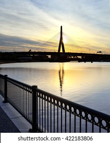 Morning in Boston. Zakim bridge reflected on the Charles