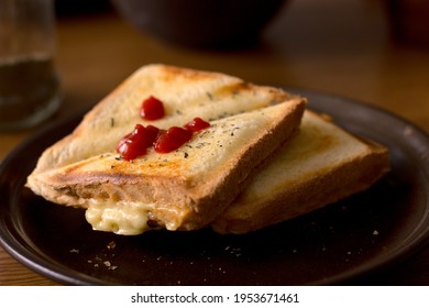 Morning breakfast - cheese toast with ketchup