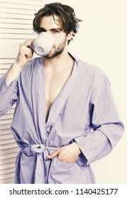 Morning And Breakfast Concept. Sportsman In Home Or Bath Clothes Drinks Tea Or Coffee. Man With Beard In Blue Dressing Gown On White Background. Sexy Macho In Bathrobe With Mug Holds Hand In Pocket.