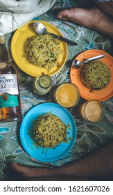 Morning breakfast layout consisting of Poha, fruit juice and Glenlivet in Bangalore, India shot on Janurary, 2020....