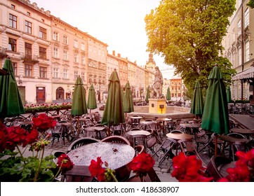 Morning Cafe In Old European City After Rain