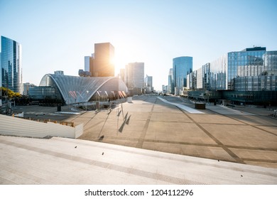 Morning cityscape view of La Defense financial district with beautiful skyscrapers in Paris