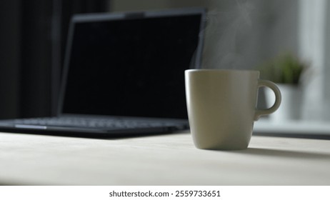 Morning Coffee Break at Home Office Relaxed Still Life with Steaming Mug Modern Workspace Cozy Ambiance - Powered by Shutterstock