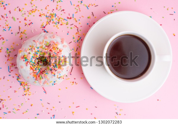 Morning Coffee Cup Sweet Pink Donut Stock Photo Edit Now 1302072283