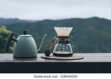 Morning Coffee Drip Machine In Front Of The Homestay Accommodation Chiang Mai Province, Thailand