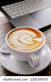 Morning Coffee Latte On Wood Desk Work From Home Office, Stock Photo