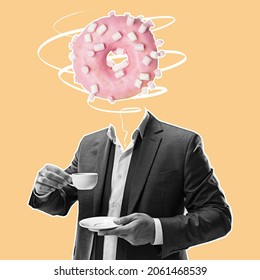 Morning coffee makes things better. Man in business suit with glazed donut instead head Modern design, contemporary art collage. Inspiration, idea, ad, trendy urban magazine style. Goodie, sweets - Shutterstock ID 2061468539