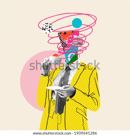 Morning coffee makes things better. Comics styled yellow suit. Modern design, contemporary art collage. Inspiration, idea, trendy urban magazine style. Negative space to insert your text or ad.