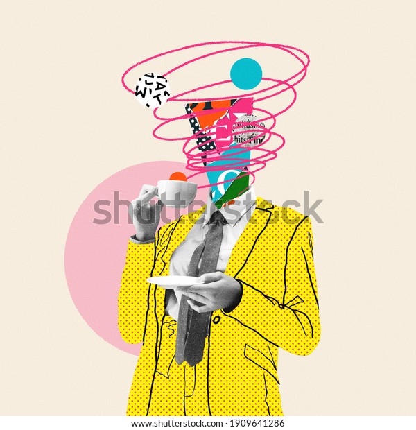 Morning coffee makes things better. Comics styled\
yellow suit. Modern design, contemporary art collage. Inspiration,\
idea, trendy urban magazine style. Negative space to insert your\
text or ad.