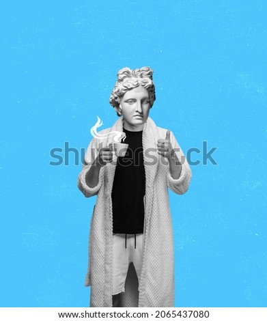 Morning. Contemporary art collage of man with antique statue head in gown holding coffee cup isolated over blue background. Concepr of art, fashion, surreealism, creativity, conceptual art and ad