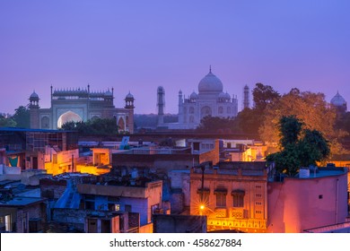 Morning dawn at Taj Mahal, India and Agra old town