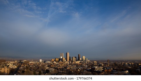 Morning Downtown Denver Skyline With Blue Sky