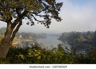 Morning Fog Over Willamette River In Lake Oswego, Oregon.