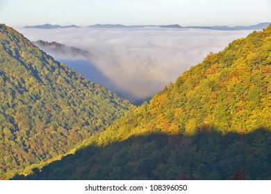 Morning Fog At Sunrise In Autumn Mountains Of West Virginia In Babcock State Park