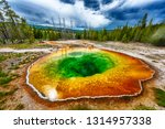  Morning glory pool from above. Stormy weather. Yellowstone National Park, Wyoming, USA