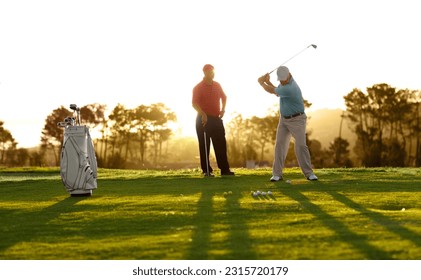 Morning, golf and men on a course for training, competition or professional game. Fitness, summer and friends on the grass golfing during retirement for holiday, hobby and recreation at a club - Powered by Shutterstock