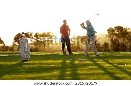 Morning, golf and men on a course for training, competition or professional game. Fitness, summer and friends on the grass golfing during retirement for holiday, hobby and recreation at a club