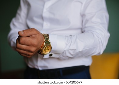 Morning Groom. Morning Businessman. The Man Wears A Gold Watch