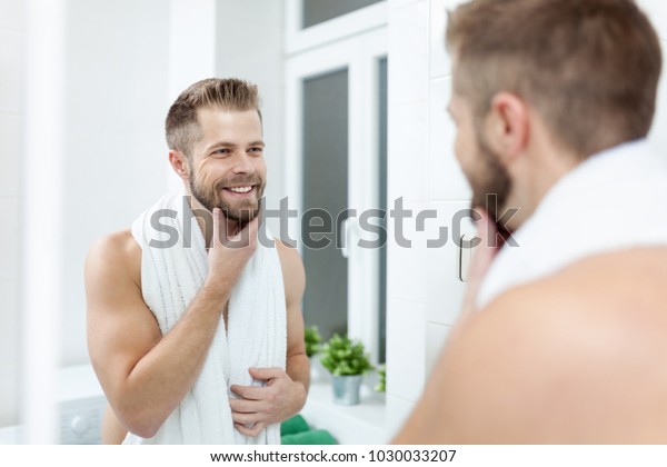 Morning Hygiene Handsome Man Bathroom Looking Stock Photo Edit
