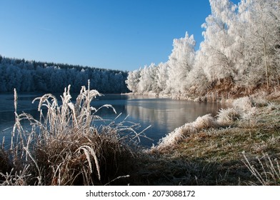 morning lake with icicles in winter