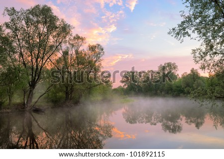 The morning landscape with fog and warm sky over the Narew river, Poland.