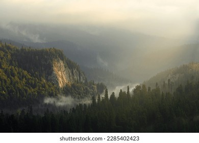 Morning light in the mountains. Fog in the valley. Sunlight entering the valley and on the mountains. Beautiful summer morning - Powered by Shutterstock