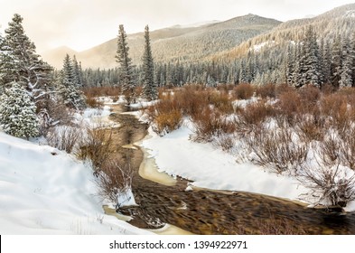 Morning Light On Esrtes Cone And Battle Mountain In Fog Above Glacier Creek After A Late Spring Snow In Rocky Mountain National Park, Estes Park, Colorado.