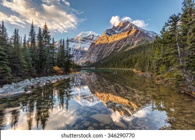 Morning Light And Reflection Of Mount Edith Cavell In Jasper National Park, Alberta, Canada