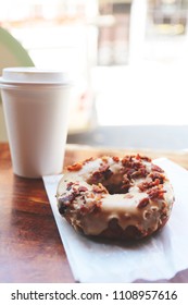 Morning Maple And Bacon Doughnut With Coffee