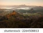 Morning Mist and sunrise - view to Mount Warning, Wollumbin, Mebbin, Border Ranges, Mount Jerusalem National Park, Nightcap, Doon Doon, Uki, Tweed Valley. Byron Bay Hinterland - NSW, Australia