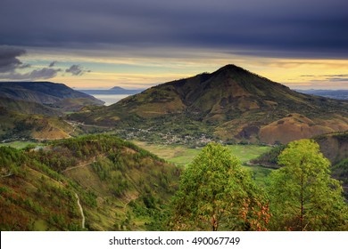  Morning Mount Pusuk Buhit,, Taken From Tele Tower With A Panoramic View Of Lake Toba And Samosir Island